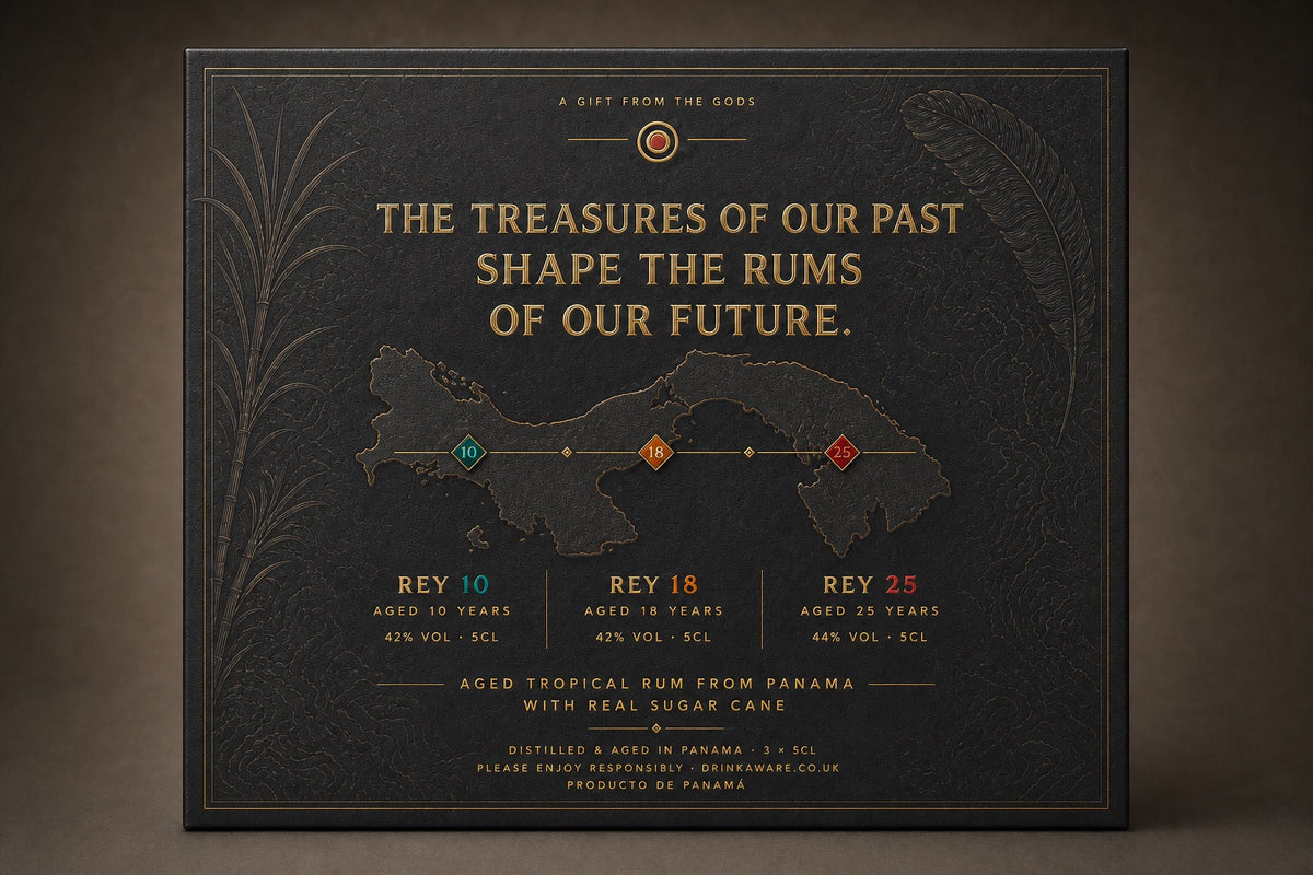 The Aged Collection gift box, back panel with Panama artwork