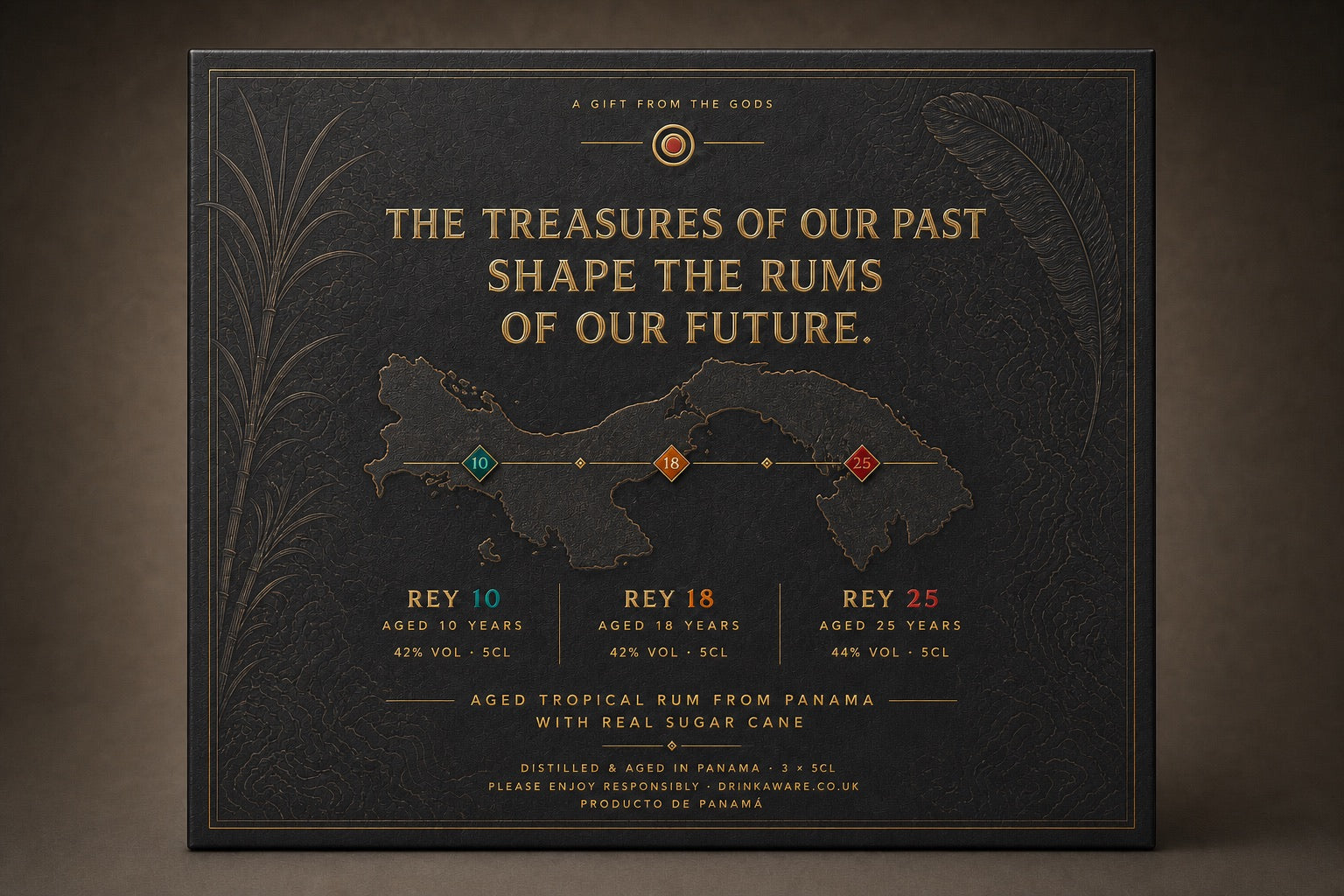 Back of the Rey del Istmo aged collection gift pack with Panama artwork and expression details